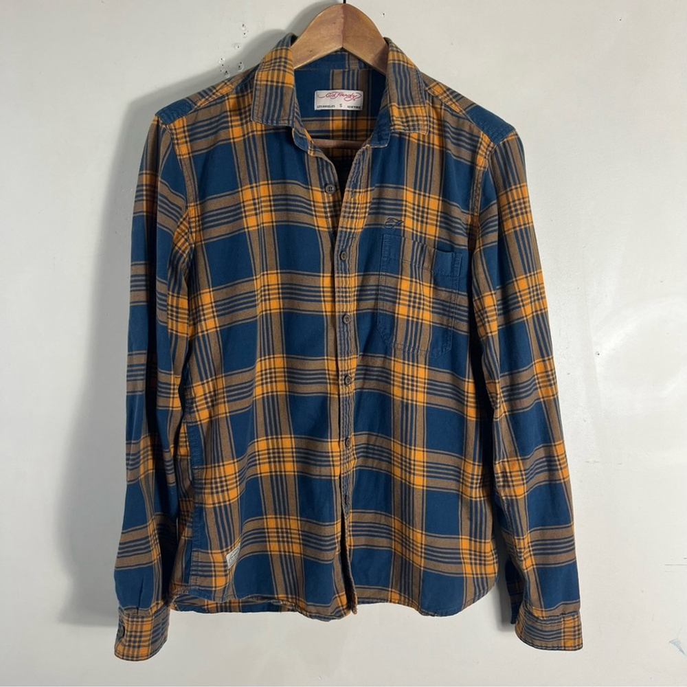 Ed Hardy Orange Blue Plaid Long Sleeve Button Down Shirt Size Small Cotton